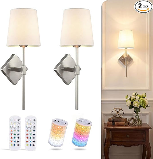 CLOUDY BAY 10000mAh Battery Operated Wall Sconces,Up to 100 Hours with Rechargeable RGB Dimmable Magnetic Bulb,Cordless Wall Lighting Fixtures with Remote for Bedroom,Brushed Nickel,2 Pack-18inch