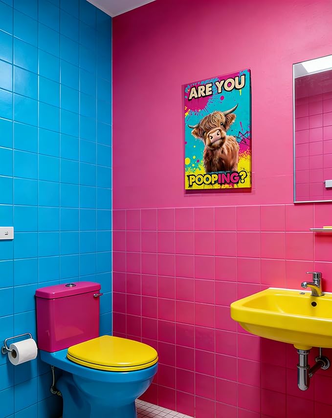 Funny Highland Cow Bathroom Canvas Wall Art Prints, Are You Pooping Sign, Colorful Pop Art Toilet Poster for Washroom, Graffiti Humorous Restroom Wall Decor, 12x16 Inch Framed Painting Ready to Hang