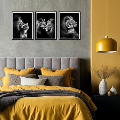 Black White Lion Family Framed Canvas Wall Art Set of 3 Majestic Lion Pride Decor for Office Nursery Living Room Bedroom African Wildlife Animals Print Artwork Wall Decor Easy to Hand 12x16inchx3pcs