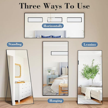 DUMOS 64"x21" Full Length Mirror with Stand, Floor Standing Aluminum Frame, ShatterProof Nano Glass for Bedroom, Living Room, Cloakroom Modern Simple Home Decor, Can Be Hanging, Leaning or Wall, Black