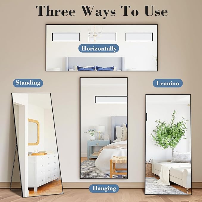 NEWBULIG Mirror Full Length, 56"x21" Body Wall Mirrors with Shatter-Proof Glass, Upgraded Floor Standing Mirror, Hanging or Leaning, with Stand Aluminum Alloy Frame for Home Decor, Bedroom, Black