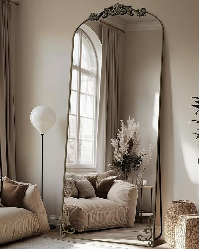 Antok Arched Full Length Mirror, 71"x28" Floor Mirror with Carved, Full Body Mirrors for HomeDecor, Standing/Halling Large Wall Mirror for Bedroom, Living Room, Cloakroom, Bronze, Luxury Style