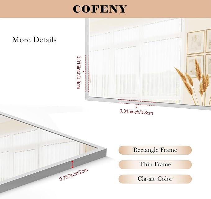COFENY 36x55inch Bathroom Mirror, Silver Rectangle Mirror with Thin Metal Frame, Large Rectangular Wall Mirrors for Bathroom, Living Room, Hair Salon, Big Mirror Hang Horizontal/Vertical