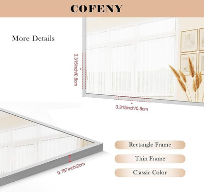 COFENY 36x55inch Bathroom Mirror, Silver Rectangle Mirror with Thin Metal Frame, Large Rectangular Wall Mirrors for Bathroom, Living Room, Hair Salon, Big Mirror Hang Horizontal/Vertical