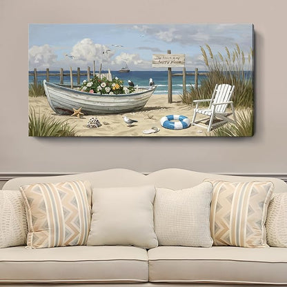 Extra Large Coastal Living Room Wall Art, Featuring A Printed Seaside Landscape, Boats, Beach Chairs, Seagulls, And Natural Wall Decor. A Modern Coastal Artwork For Bedrooms, Dining Rooms, Entryways, And Lounges. 58X29 Inches.