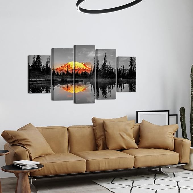 LevvArts 5 Piece Nature Canvas Wall Art Sunrise on Mount Rainier Landscape Picture Prints on Canvas Tipsoo Lake Artwork USA Scenery Poster Stretched and Framed Home Decor Ready to Hang (Large)