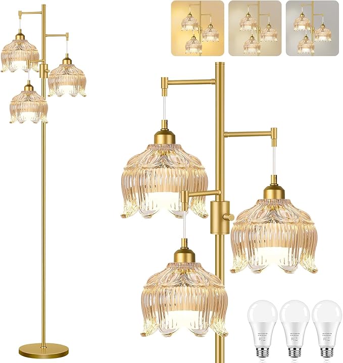 Dimmable Floor Lamps for Living Room Bedroom-3 Light Gold Floor Lamp with Glass Lampshape, Flower Tall Lamp Mid Century Modern Standing Lamp Glass Tree Floor Lamps for Living Room Bedroom,Corner