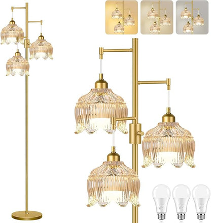Dimmable Floor Lamps for Living Room Bedroom-3 Light Gold Floor Lamp with Glass Lampshape, Flower Tall Lamp Mid Century Modern Standing Lamp Glass Tree Floor Lamps for Living Room Bedroom,Corner