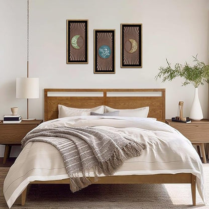 IARTTOP 3Pcs Boho Moon Phase Wall Decor Framed Celestial Wood Wall Art Set Mid Century Modern Abstract Geometric Botanical Hanging Decor for Living Room Bedroom Minimalist Home Decor 7.9x15.8 Inch