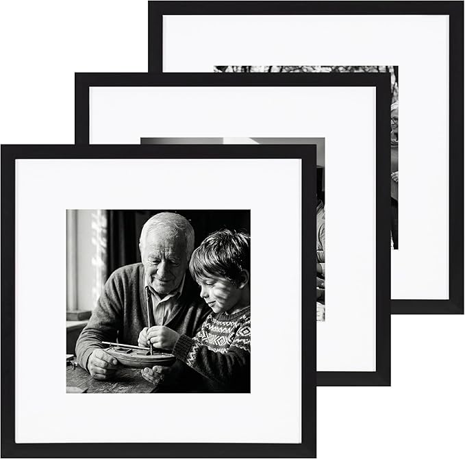 eletecpro Gallery Wall Frame Set of 3, 16x16 Inch Square Black Frames with 12x12 Mat, Scratch-Resistant Finish for Modern Home Decor
