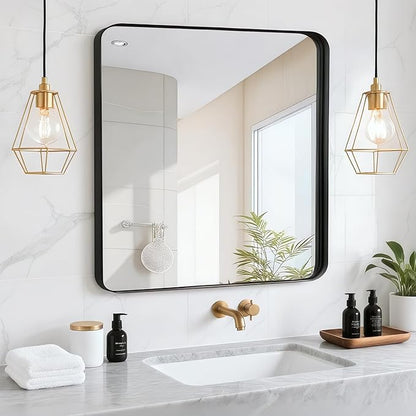 28x28 Inch Black Bathroom Mirror - Metal Framed Square Mirror for Bathroom Over Sink, Matte Wall Mirrors for Restroom, Bedroom, Entryway, High-Definition