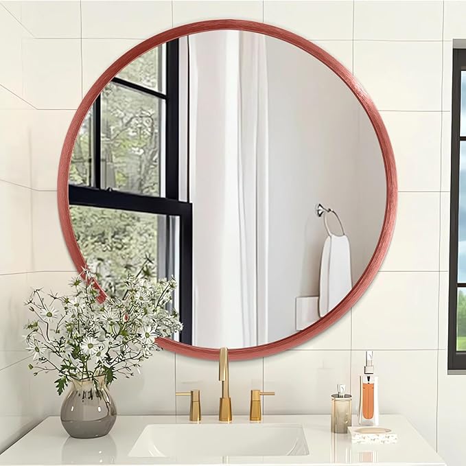 AOAOPQ Round Framed Mirror for Wall Mounted Makeup Red Brushed Rounded Corner Small Mirror Metal Frame Mirrors for Vanity Home Bedroom Living Room Entrance Porch