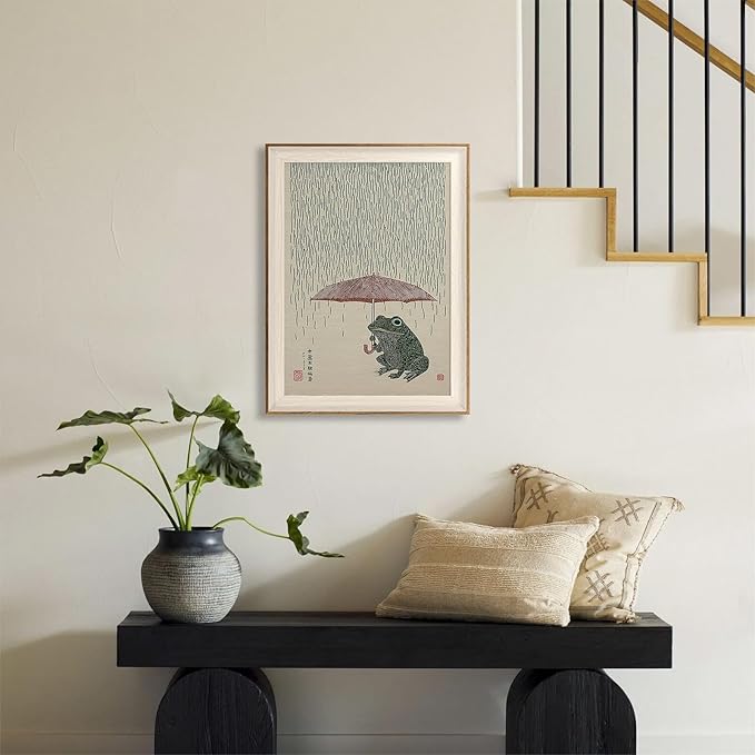 ASTRDECOR Funny Frog Wall Art, Whimsical Frog Framed Canvas Print, Retro Animal Rainy Day Japanese-Style Artwork for Living Room, Bedroom, Bathroom 12x16in