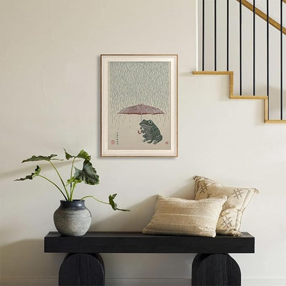 ASTRDECOR Funny Frog Wall Art, Whimsical Frog Framed Canvas Print, Retro Animal Rainy Day Japanese-Style Artwork for Living Room, Bedroom, Bathroom 12x16in