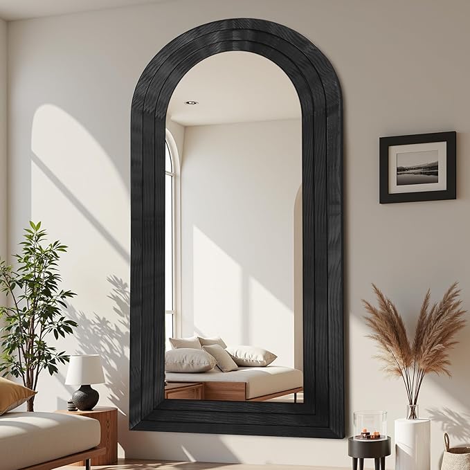 Antok Full Length Mirror with Solid Wood Frame, 76"×34" Wall Mounted Oversized Floor Mirror with Stand, Leaning Standing Hanging for Bedroom Living Room Entryway, Black, Arched Syle
