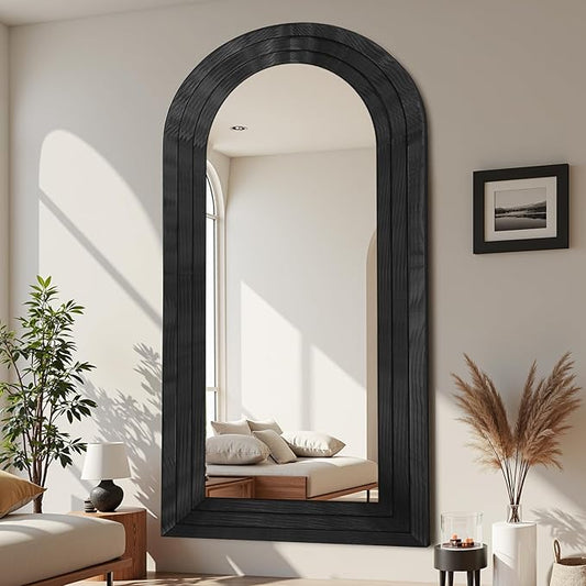 Antok Full Length Mirror with Solid Wood Frame, 76"×34" Wall Mounted Oversized Floor Mirror with Stand, Leaning Standing Hanging for Bedroom Living Room Entryway, Black, Arched Syle