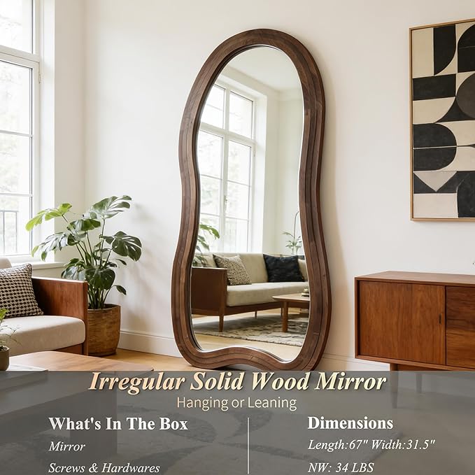 Large Irregular Floor Mirror, 67"x31.5" Organic Floor Mirrors with Triple Layer Solid Wood Frame, Premium Asymmetrical Full Body Mirror for Living Room Entryway Bedroom, Leaning/Hanging