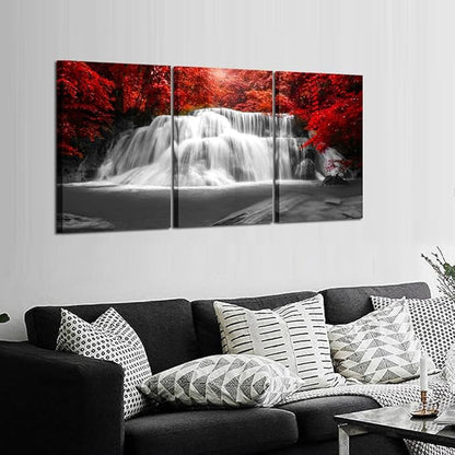 KREATIVE ARTS Black White and Red Canvas Wall Art 3 Pieces Red Woods Waterfall Canvas Print Landscape Paintings Framed Picture for Office and Home Décor Ready to Hang 16x24inchx3pcs