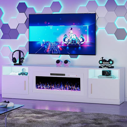 TAVATA Fireplace TV Stand with 36" Fireplace, 80" TV Stand with LED Light for TVs Up to 90", Entertainment Center Console Table with Highlight Storage Cabinets (White and White)