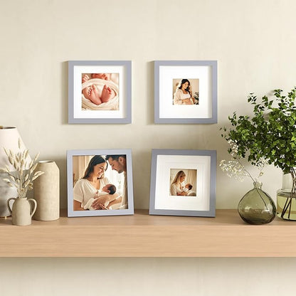 Egofine 8x8 Picture Frames 4 Pack, for Picture 4x4 with Mat or 8x8 whitout Mat Made of Solid Wood Covered by Plexiglass for Table Top Display and Wall Mounting Photo Frame, Light Gray