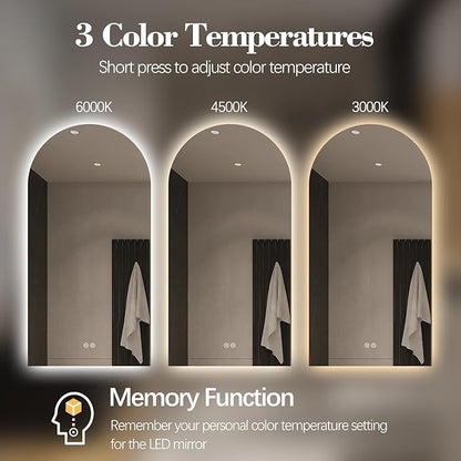 Arched LED Bathroom Mirror, 55"x28" Arch Framless Backlit Mirror with Lights Anti-Fog Dimmable Smart Frameless 3-Color Lighted Vanity Mirror Memory Waterproof, UL Listed, Vertical