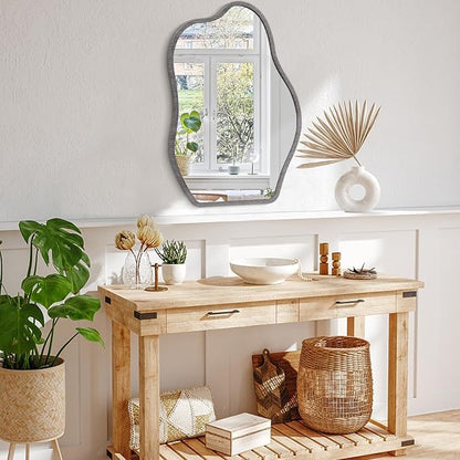 Irregular Wood Frame Asymmetrical Wall Mirror - Modern Unique Cloud Wall Mirror - Decorative Vanity Bathroom Living Room Bedroom Entryway Hallway Artistic Mirror - 26"x18"