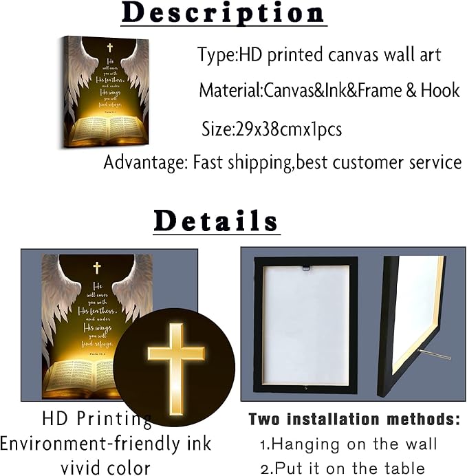Psalms 91:4 Wall Art Canvas Prints， He Will Cover You With His Feathers，Bible Verse with Christian Sayings Decor, suitable for offices,Church, Home Wall Decor ，Tabletop/Hanging(29x38cm) framed