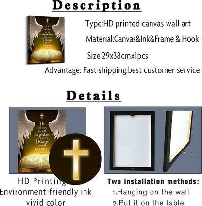 Psalms 91:4 Wall Art Canvas Prints， He Will Cover You With His Feathers，Bible Verse with Christian Sayings Decor, suitable for offices,Church, Home Wall Decor ，Tabletop/Hanging(29x38cm) framed