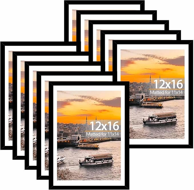 JCJMY 10 Pack 12x16 Picture Frame with 11x14 Mat, Display 11x14 with Mat or 12x16 Without Mat, 12 by 16 Frames Bulk Set of 10 Collage Gallery Wall Decor Photo Frames Set for Wall, Black