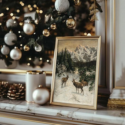 uniro Vintage Wall Art Prints - Vintage Christmas Print Winter Landscape Oil Painting, Rustic Deer Mountain Christmas Picture Wall Decor, Retro Muted Snowy Landscape Holiday Wall Decor, Xmas Decor for Bedroom Bathroom Living Room Christmas Holiday Deco...