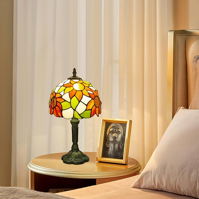 Tiffany Style Table Lamp, 3 Color Temperatures Bedside Lamp, 8 Inch Stained Glass Desk Light for Home Office Bedroom Living Room (Sunflower Pattern)