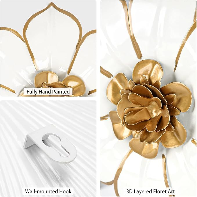 Metal Flowers Wall Decor White and Gold Wall Art Decorations Hanging 3 Pc Rustic Modern Floral Sculpture Wall Accent Artwork Indoor Outdoor for Bathroom Kitchen Bedroom Living Room Patio Porch 10 Inch