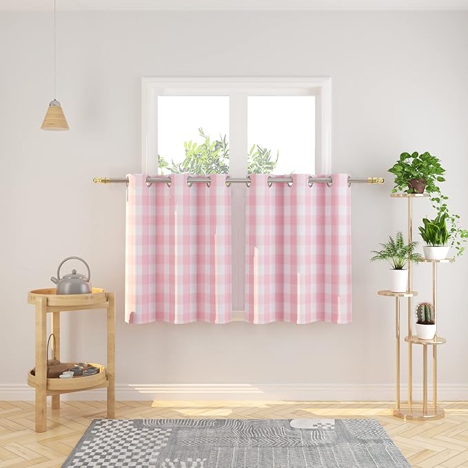 3 Pc Cotton Classic Country Farmhouse Kitchen Window Curtain Grommet Top -Pink & White Buffalo Check Tier & Valance Set, 54" x 18" / 32" x 30"