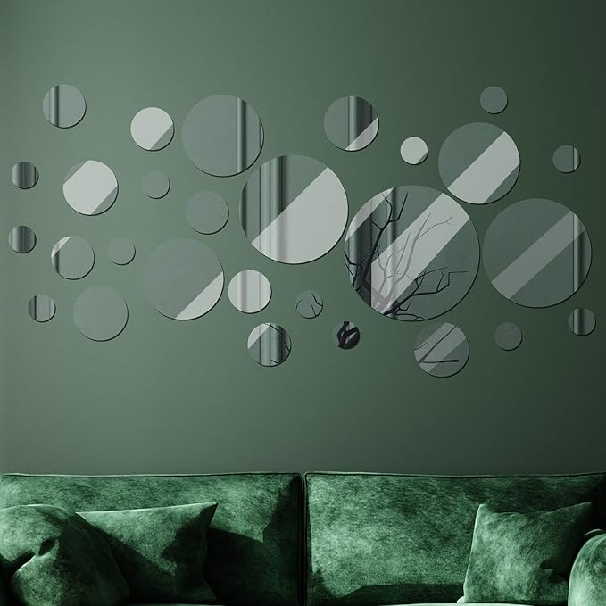 Jetec 28 Pcs Real Glass Round Mirror Tiles Frameless Wall Glass Tiles Round Wall-Mount Mirrors with Acrylic Double Sided Adhesive for Bedroom Bathroom Craft(2/3/4/6/8/10 Inch)