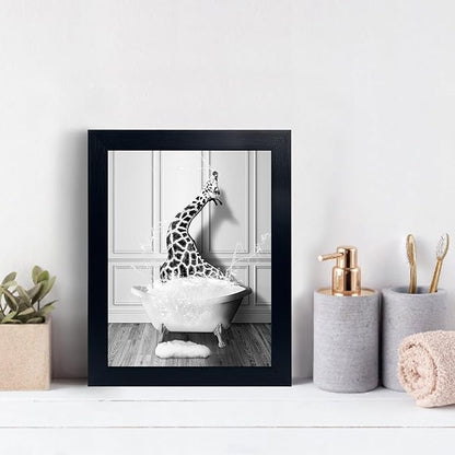 Funny Giraffe Poster - Funny Bathroom Wall Art Decor, Waterproof Black and White Quality Canvas Wall Art Pictures, Wood Framed Bathing Animals Abstract Prints for Bedroom Kids Room