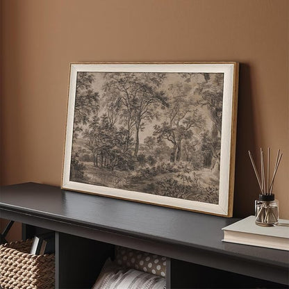 Framed Canvas Wall Art for Living Room Decor, Vintage Neutral Brown Woodland Landscape Painting Farmhouse Canvas Prints Artwork, Antique Wall Pictures Decor for Bedroom Gallery Office, Bathroom Wall Decor - 12x16Inch