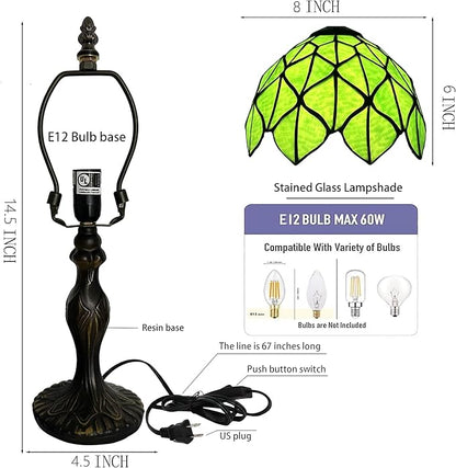 Tiffany Style Lamp Stained Glass Table Lamp 8 x 14.5 Mini Accent Light Green Maple Leaf Design Small Decorative Bedside Reading Memory Lamp