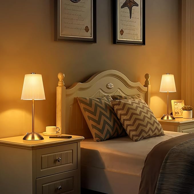 FRIDEKO HOME Rechargeable Table Lamp Gold - Cordless Battery Operated Lamp, Fabric Shade Desk Lamp, Wireless Lamp for Decor Bedroom Dining Table Counter (2pcs-Hard Fabric-LED-11.65in)