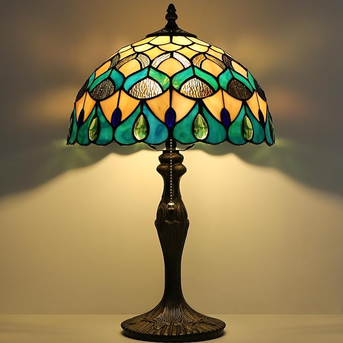 Tiffany Lamp Stained Glass Table Lamp Bedside Reading Lamp 12 x 19” Blue Phoenix Tail Style Decorative Lamp for Desk Study Living Room Bedroom Office Decor Gift