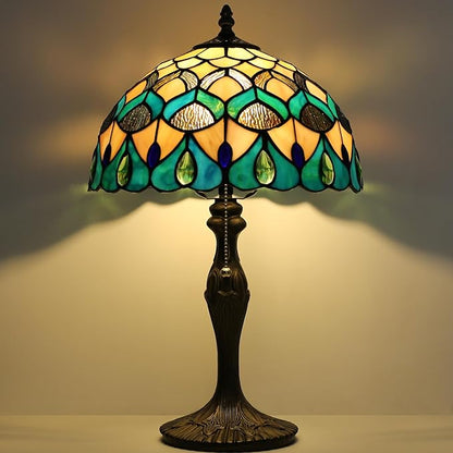 Tiffany Lamp Stained Glass Table Lamp Bedside Reading Lamp 12 x 19” Blue Phoenix Tail Style Decorative Lamp for Desk Study Living Room Bedroom Office Decor Gift