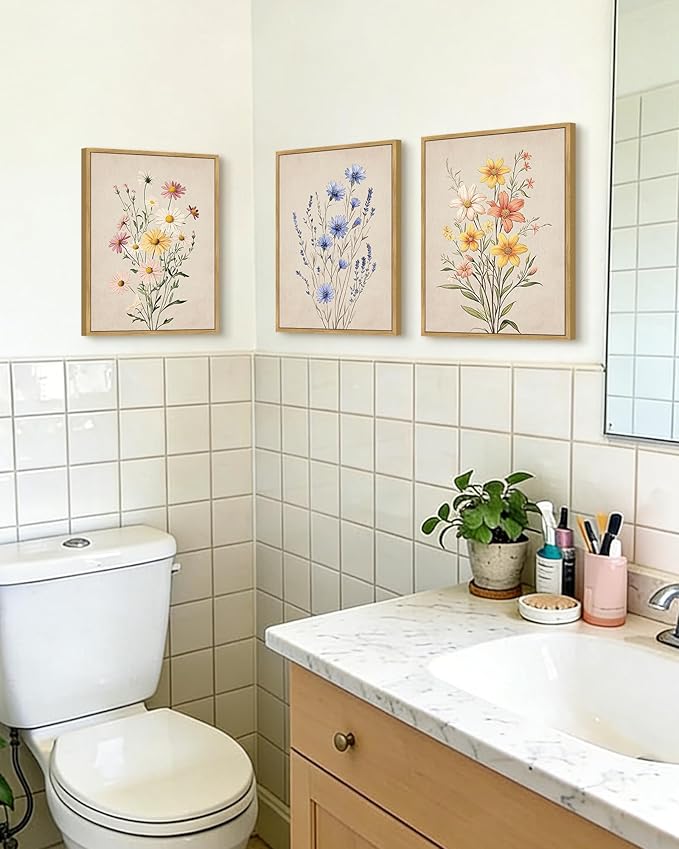 PHOPAGO Vintage Wildflower Bouquet Framed Wall Art Botanical Flower Wall Decor Modern Colorful Floral Living Room Bedroom Hanging Decor - 11x14in Natural Framed