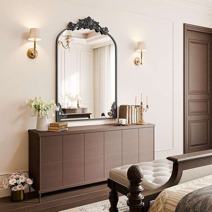 Koonmi Vintage Mirror, 26x38 Retro Wall Mounted Vanity Mirror, Tempered Glass, Detachable Flower Head, Black Antique Decorative Arched Mirrors for Bathroom Entryway Fireplace Hallway