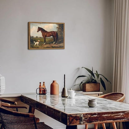 Framed Vintage Wall Art, Rustic Horse and Dog Pictures Wall Decor, Farmhouse Animal landscape Paintings Canvas Prints Neutral Aesthetic Home Decor for Living Room Bedroom Bathroom Office 16x24 inch