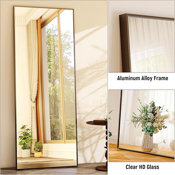 GLSLAND 64"x21" Full Length Mirror Full Body Mirror Freestanding Hanging or Leaning Rectangle Floor Mirror Aluminum Alloy for Bedroom Bathroom Living Room,Black