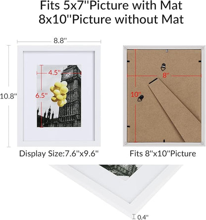 8x10 Picture Frame Set of 6, Display Pictures 5x7 with Mat or 8x10 Without Mat for Tabletop Display and Wall Mounting, White