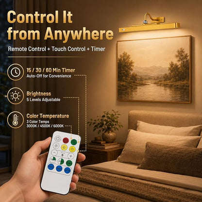 16" Gold Picture Light for Wall, Battery Operated Rechargeable Art Light with 6000mAh Battery, Motion Sensor, Remote, 3CCT Dimmable Cordless Painting Light for Artwork, Gallery, Hallway, 2 Pack