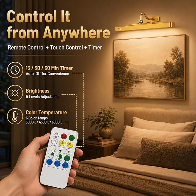 16" Gold Picture Light for Wall, Battery Operated Rechargeable Art Light with 6000mAh Battery, Motion Sensor, Remote, 3CCT Dimmable Cordless Painting Light for Artwork, Gallery, Hallway, 1 Pack