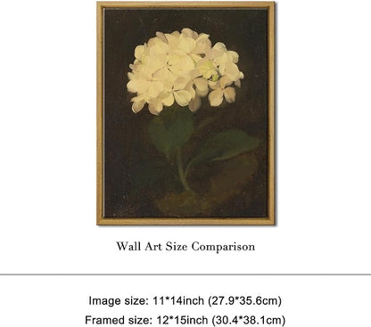 Pyradecor Vintage Retro Framed Wall Art White Hydrangea Oil Painting Canvas Prints Mid Century Living Room Decor for Farm House Bedroom Decorations