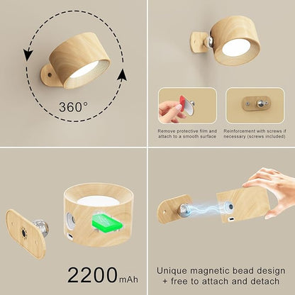 AKSDA Battery Operated Wall Sconces Set of 2, Magnetic Cordless LED Wall Lights with 3 Color Temp & Dimmable Touch Control, 360° Rotating Rechargeable Wall Lamp, Reading Light for Bedroom & Bedside