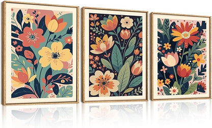 KAIRNE Vintage Colorful Floral Framed Canvas Wall Art Set,Mid Century Modern Flower Wall Decor,Retro Wildflower Art Prints,Boho Botanical Artwork for Living Room,Bedroom,Farmhouse,Office-12 x16 x3